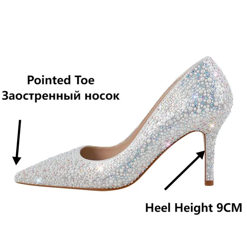 Women Pointed Toe Rhinestone Sparkling Glitter High Heels Slip On Stiletto Wedding Dress Prom Party Silver Pumps