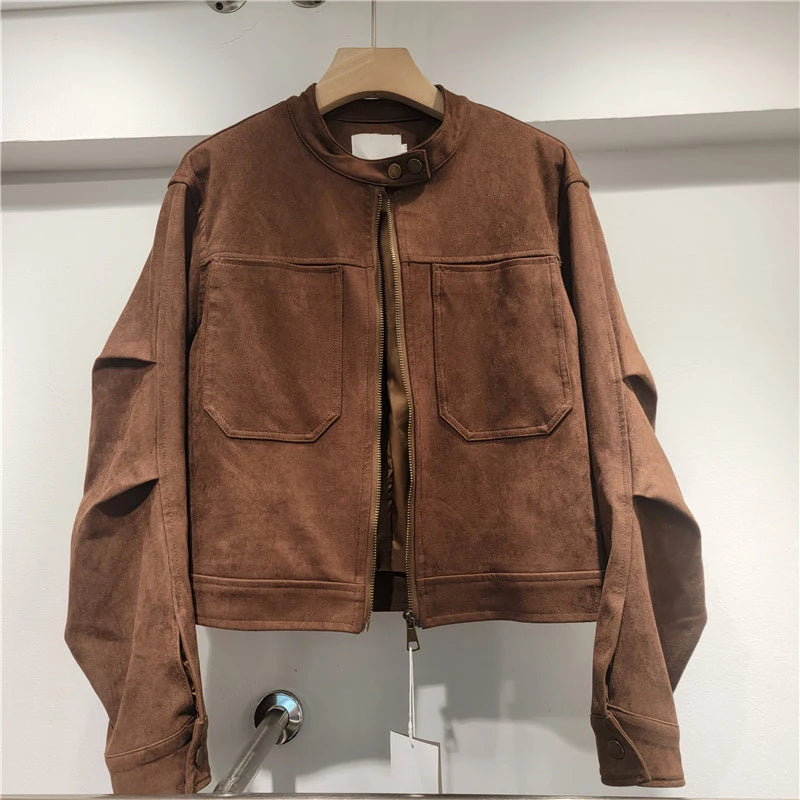 Fashion Loose Zipper Suede Short Coat For Women Drawstring Elastic Wasit Wide Leg Shorts Female Trendy 11A06048