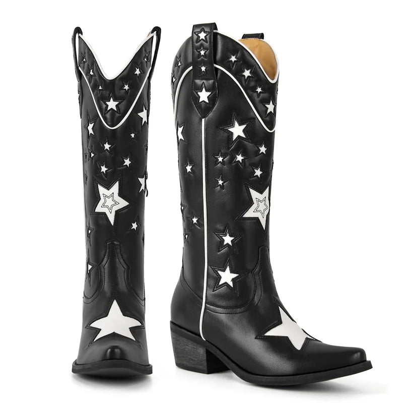Onlymaker Women Pointed Toe Knee High Western Cowgirl Boots Comfy  Side Zipper Big Size Chunky Heel Cowboy Boots