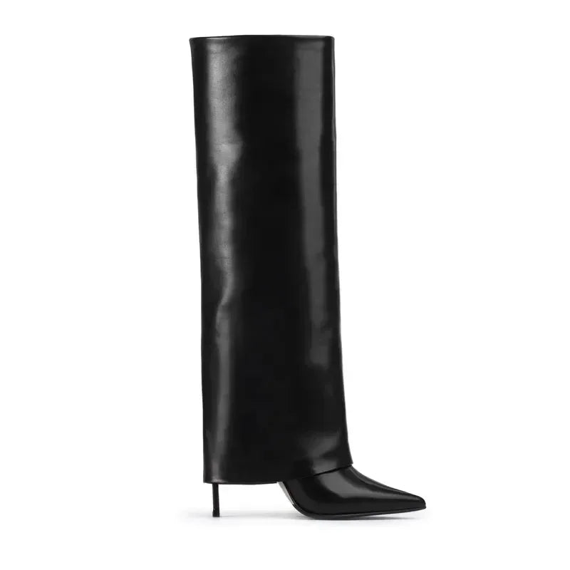 Autumn and Winter New Women's Knee High Leather Boots, Pointed Thin High-heeled Skirt Boots, Black Plus Size Long Boots