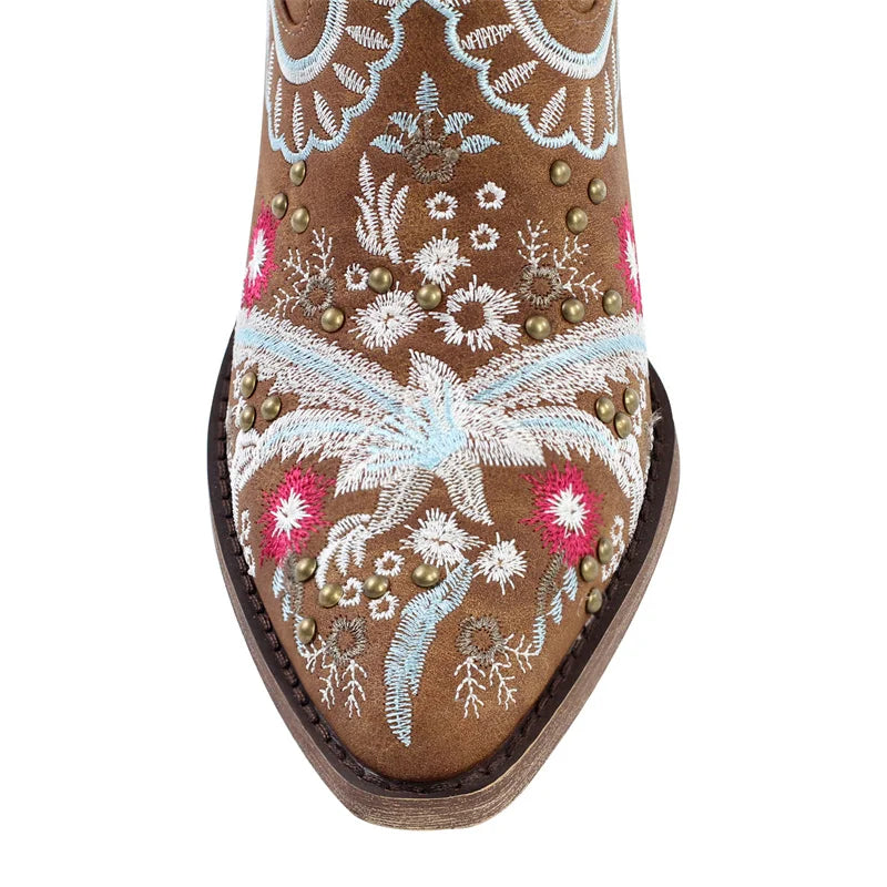 Onlymaker Women Pointed Toe Brown Embroider Flower Western Cowboy Boots Female Wide Mid Calf Boots
