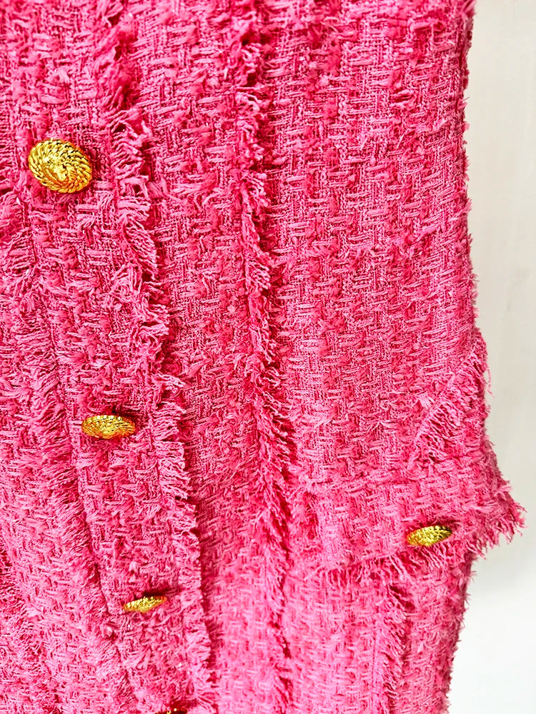 STREET Newest 2026 FW Designer Fashion Women's Short Sleeve Square Collar Lion Buttons Fringed Tweed Dress