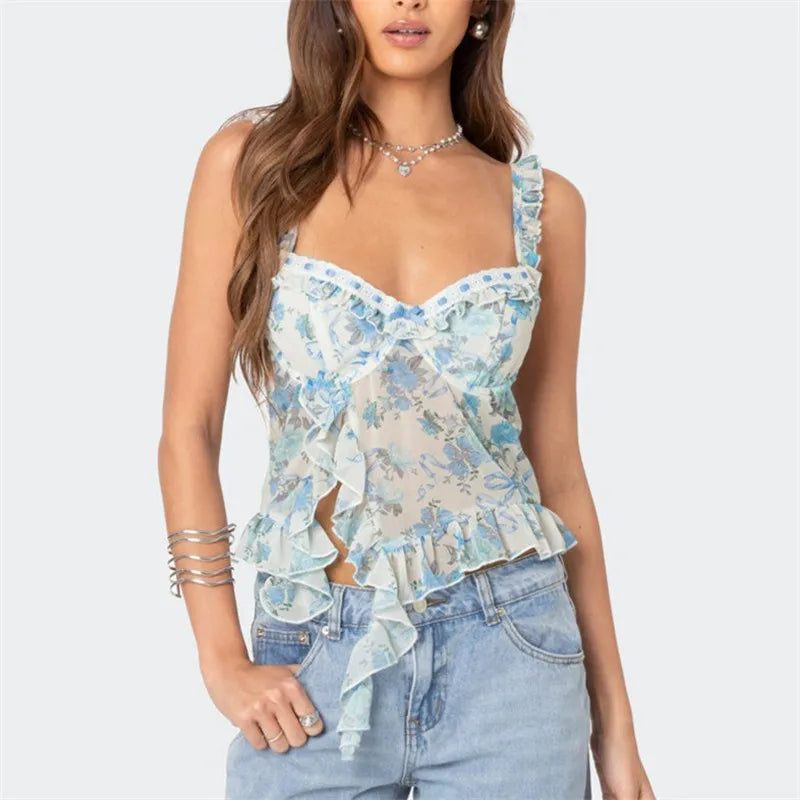 Women Camisoles Floral Print Ruffles Casual Tank Tops Summer Fashion Sleeveless Crop Tops Y2K Vintage Streetwear