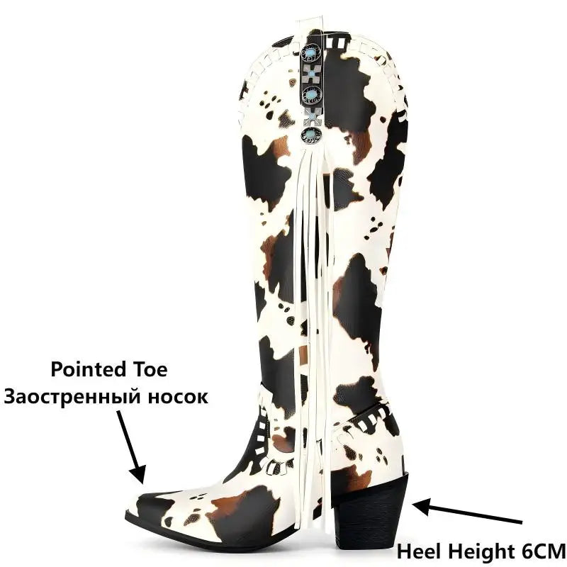 Onlymaker Women Pointed Toe Cow Print Side Zipper Knee High Western Boots Mid Calf Chunky Heel Cowgirl Western Boots