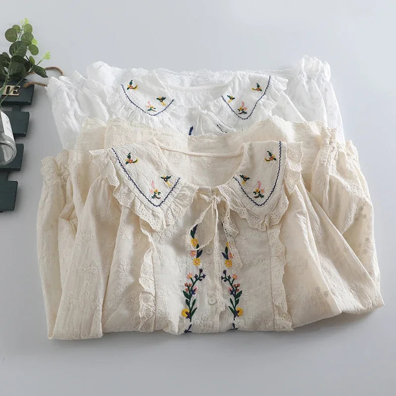 Fall Mori Girl Cotton Floral Embroidery Lace Long Sleeve Shirt Vintage Shabby Chic Cottagecore Sweet Victorian Rococo Blouse