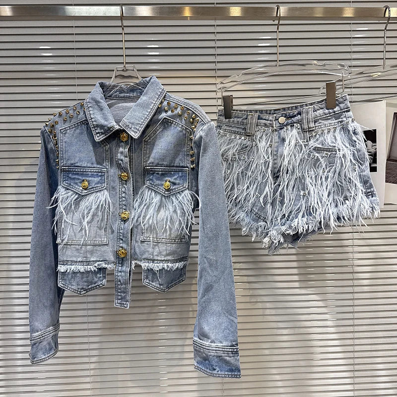 2026 Autumn New Street Style Heavy Industry Rivet Denim Jacket For Women Feather Beaded Wide-leg Shorts Female 11A06375