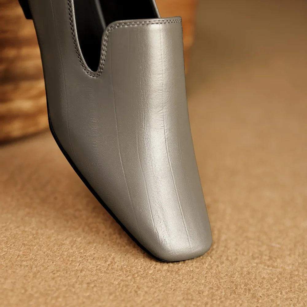 Woman Handmade Genuine Leather Elegant Square Toe Cute Casual Flats Female Retro Shoe Mid Heeled Soft Soled 34-40