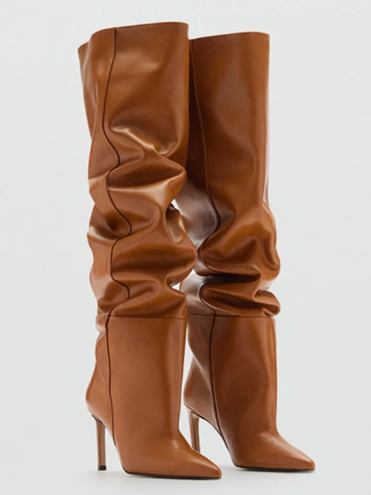 Fashion Pointed High Heels with Pleated Pile Boots, Size 46 Knee High Boots for Women, High Tube Boots