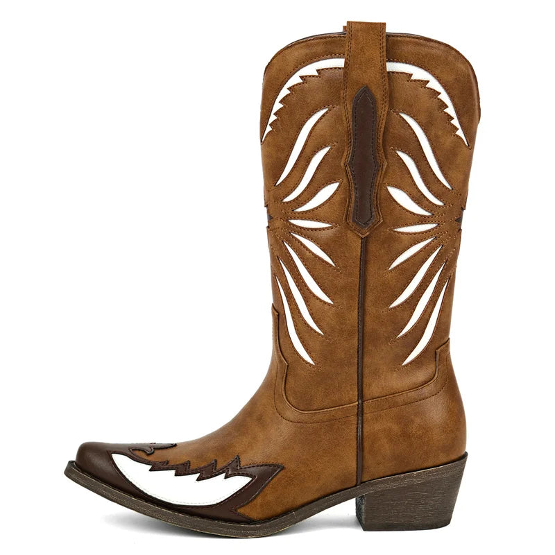 Onlymaker Women Western Cowboy Boots Pointed Toe Embroidered  Block Heel Fashion Pull-On Cowgirl Boots