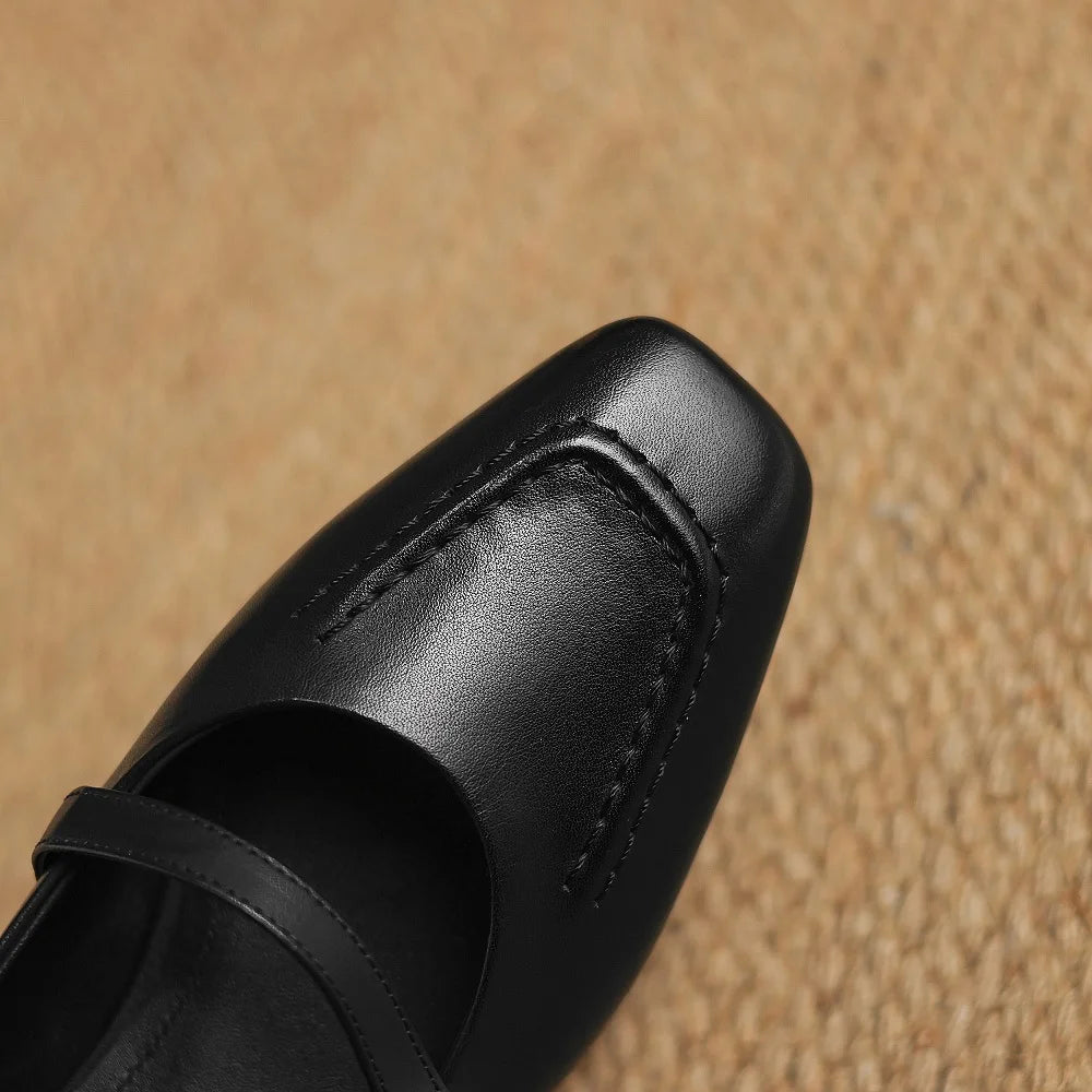 women Handmade Brand Genuine leather Mid heel square toe slip-on Mary Jane Mid Hell elegant ladies shoes 34-41