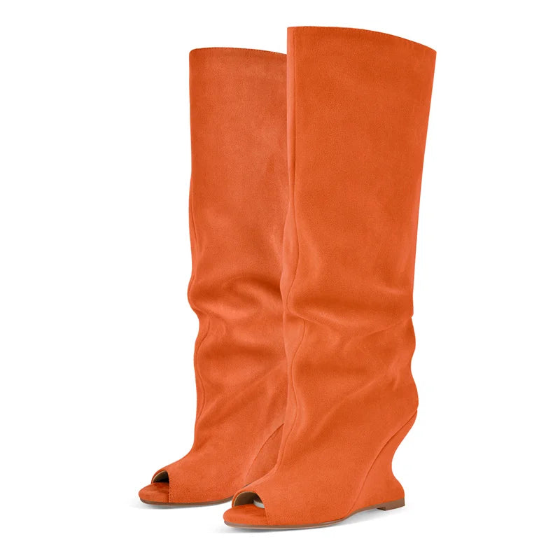 Onlymaker Women Peep Toe Wedge Flock Fashion Chunky Boots