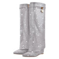 Onlymaker Women Rhinestones Knee High Boots Sexy Party Dress Wedding Shark Lock Bling Buckle Pointed Toe Boots