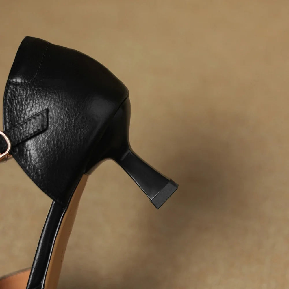Handmade Genuine Leather Retro Sle with Buckle Design Hollow out Tea Flower Pattern Mid Heel Single Shoes 34-40