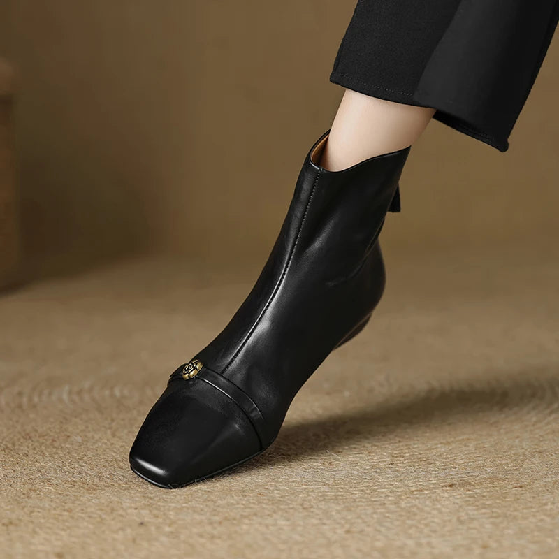 Handmade Genuine Leather Elegant Square Toe Women's Boots Autumn Winter Wide Calf Mid Heel Style Boots 33-42