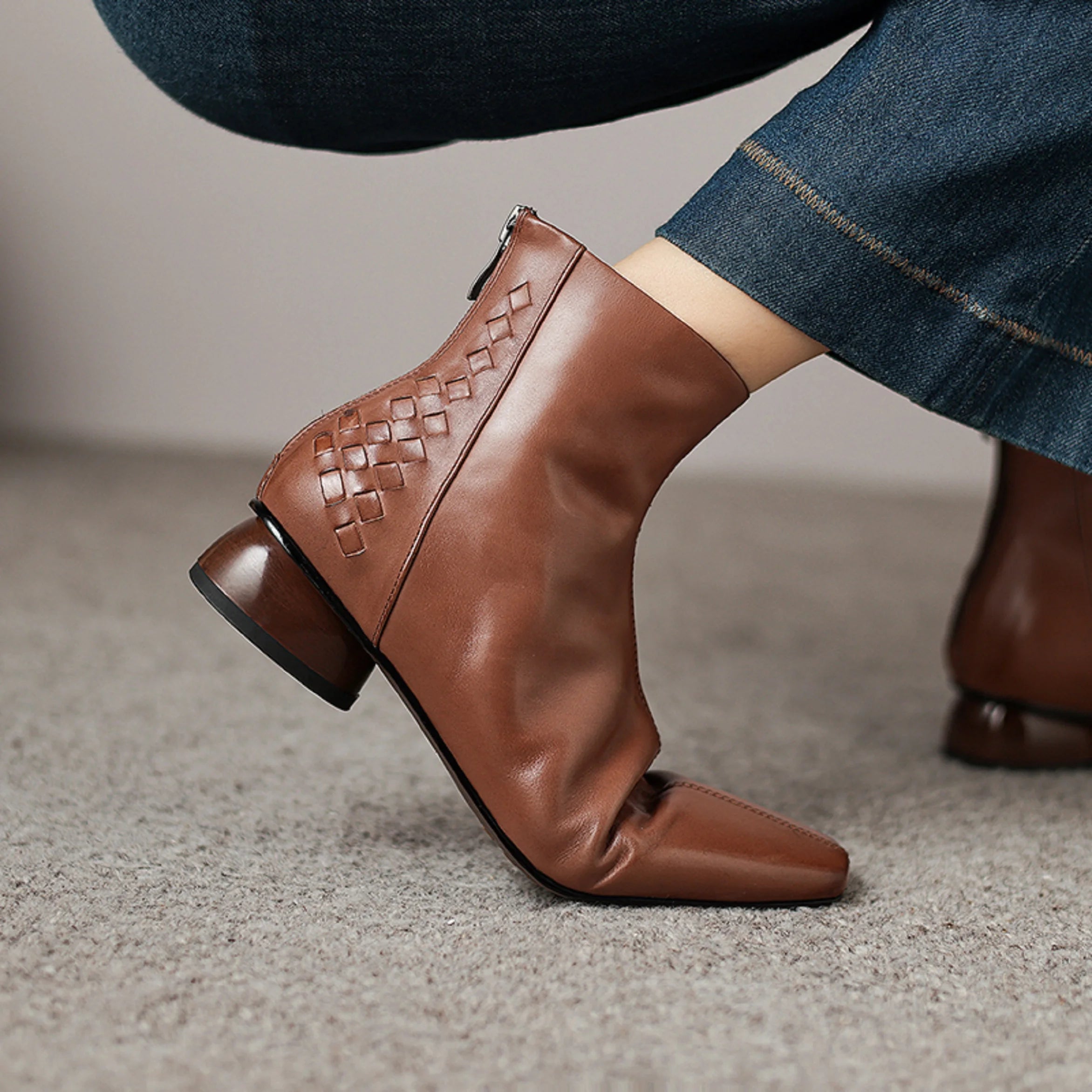 Women Handmade Genuine Leather square toe side zip ankle boot elegant ladies Mid heel daily slim dress 34-40