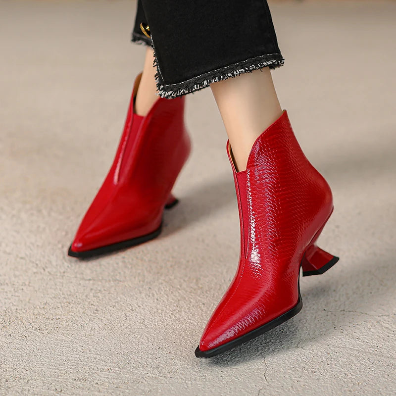 New Handmade Brand Genuine Leather Pointed Toe Winter  Modern Boots Mid Heels Beauty Lady Dance Party Sexy 33-40
