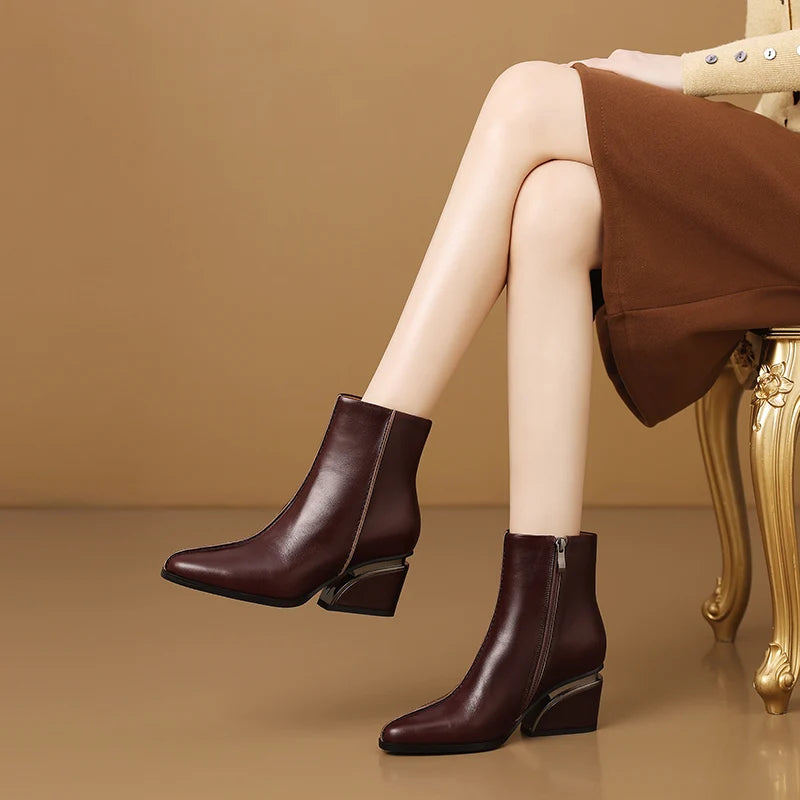 Newest High Heels Women Short Boots Elegant Square Toe Office Lady Shoes Genuine Leather Side Zipper Shoes 33-43