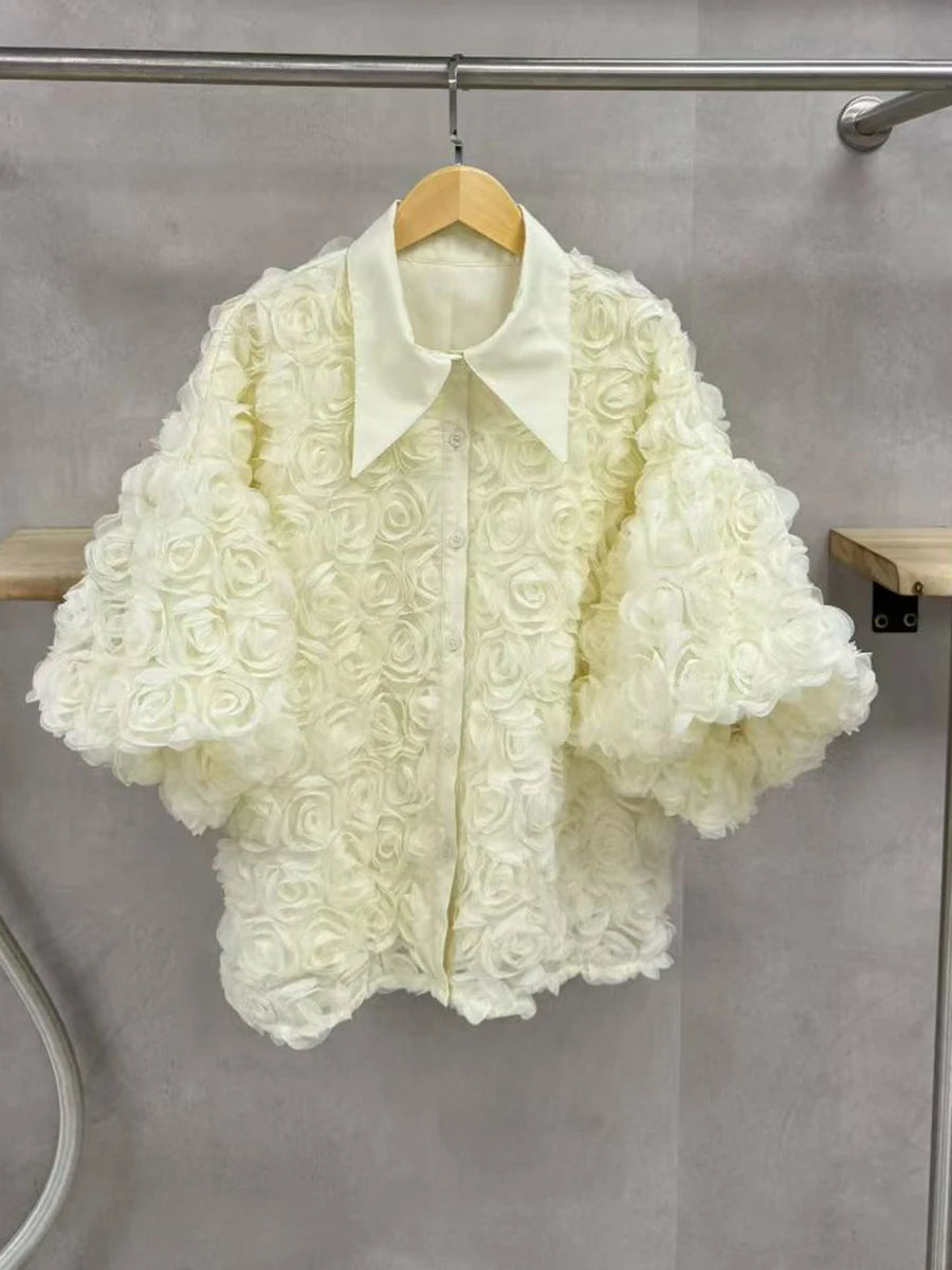 Elegant High End Style Shirts for Women Lapel Half Sleeve Patchwork Petal Stylish Temperament Black Shirt Female Spring New