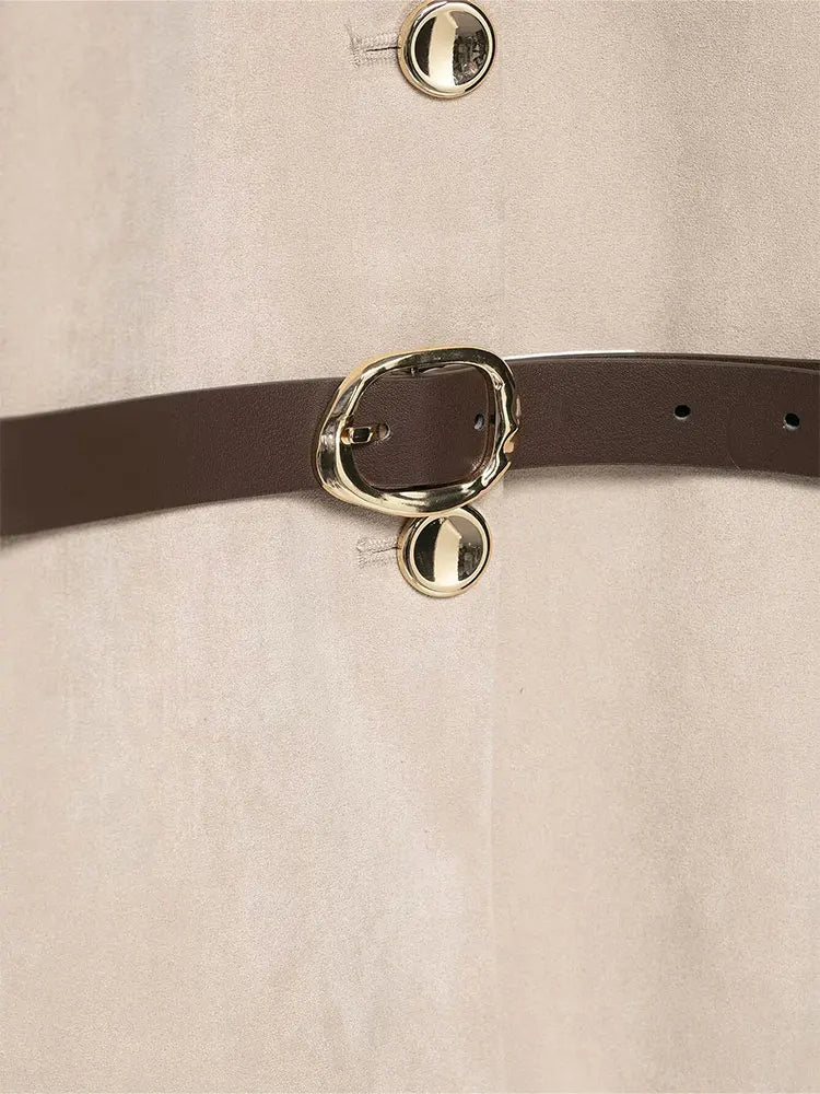 HH Women New Fashion Suede Blazer Coats O Neck Single Breasted Long Sleeve Belt Jacket Autumn Casual Female Y2K Streetwear