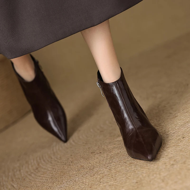 Women's Handmade genuine leather thin high heel pointed toe zip short booties British Style ankle boots