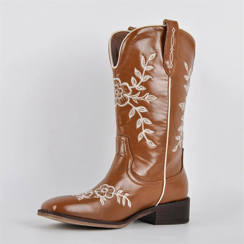 Women Brown Square Toe Embroidery Western Cowgirl Boots Pull On Knee High with Chunky Heel Embroidered Boots