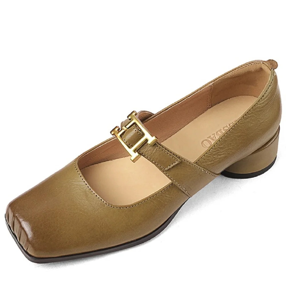 Brand Design Women Genuine Leather Mary Jane Pumps Low Heels Comfort Leather Buckles Casual Shoes Woman 34-42