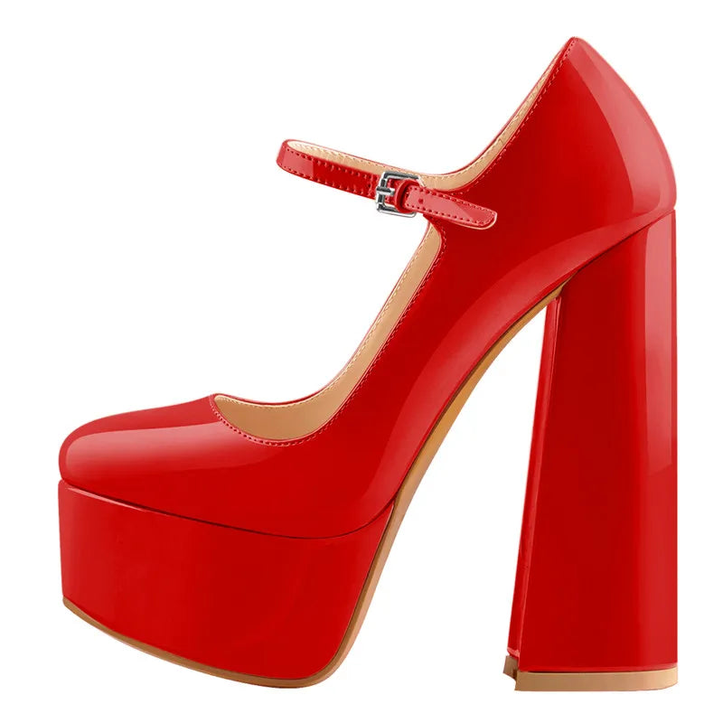 Women Pumps Mary-Jane Platform Black Pink Chunky 16CM High Heels Ankle Strap Dress Party Hoof Heel Plus Size Shoes