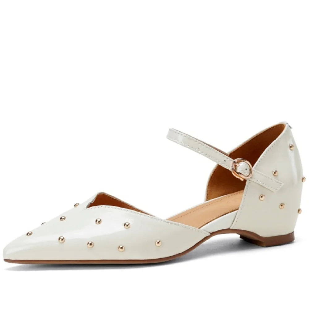 Women Handmade Genuine Leather Soft and comfortable Pointed Toe Strange Heel Rivet Shallow Buckle Strap Shoes