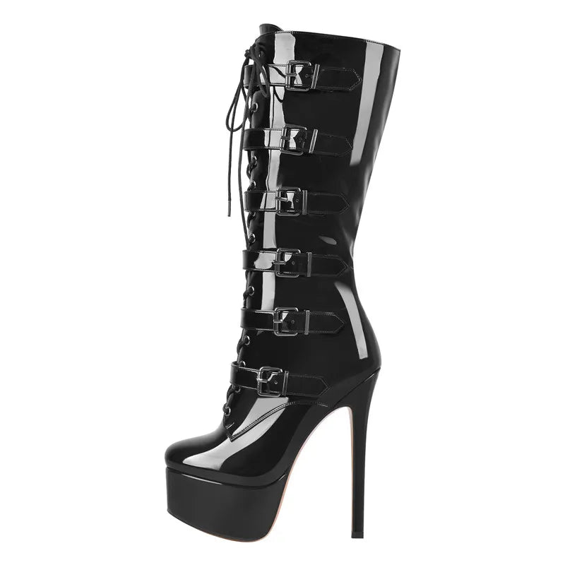 Onlymaker Women Shiny Black Patent Leather Platform Ankle Boots High Thin Heel Heeled Metal Plates Buckle Stilettos Boots