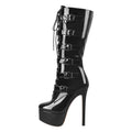 Onlymaker Women Shiny Black Patent Leather Platform Ankle Boots High Thin Heel Heeled Metal Plates Buckle Stilettos Boots