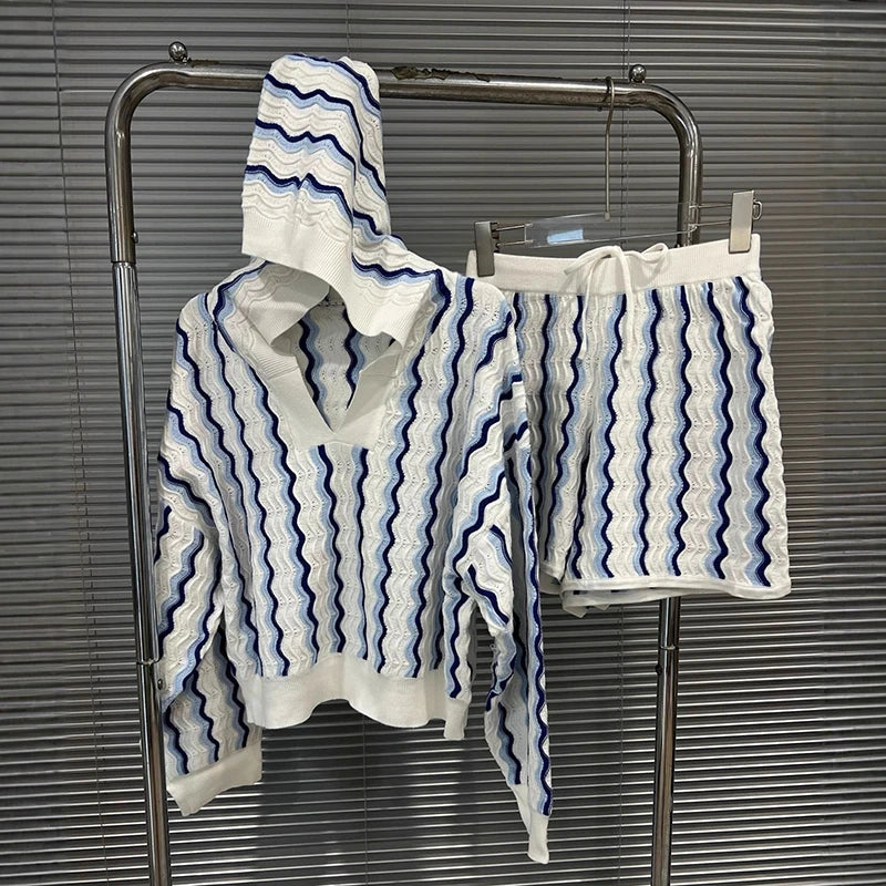 2026 Autumn New Fashion Elegant Women's Two-pieces Set Versatile Long Sleeve Knitted Top Striped Shorts Female 11A05644