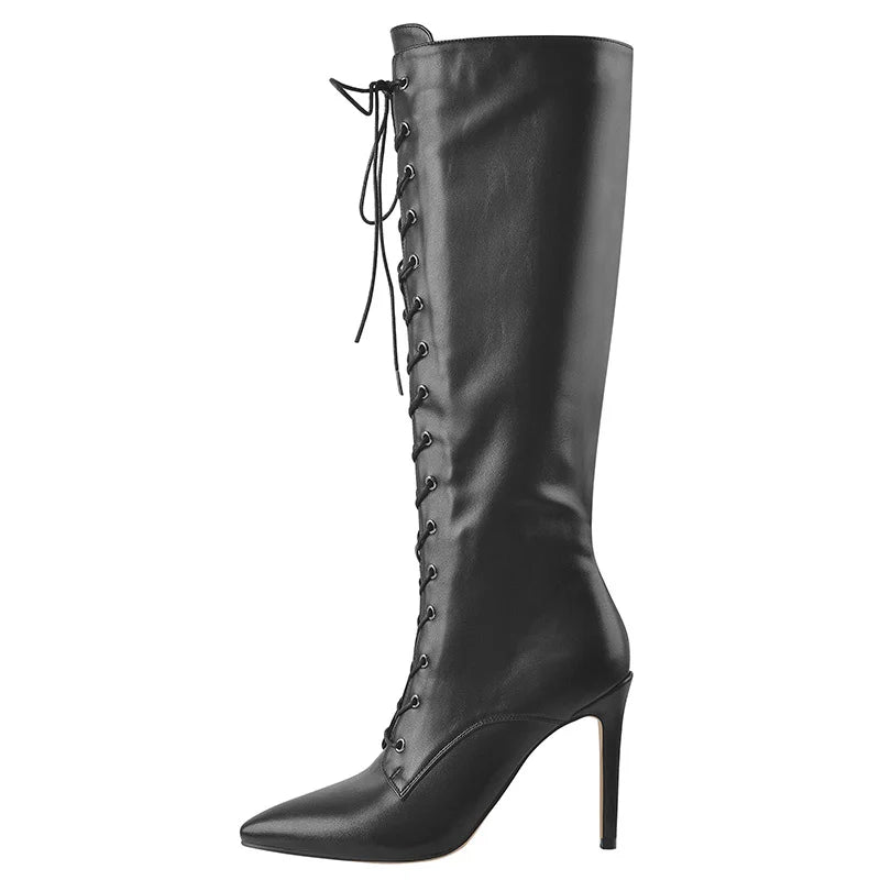 Onlymaker Women Pointed Toe Boots Side Zip 10CM High Heel Sexy Leopard Print Stiletto Stretch Knee High Boots Lace-Up Boots