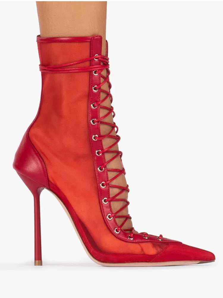 2026 Spring/Summer New Lace Short Mesh Cool Boots Side Zipper Banquet Slimming High Heels Sexy Knee Length Women's Boots