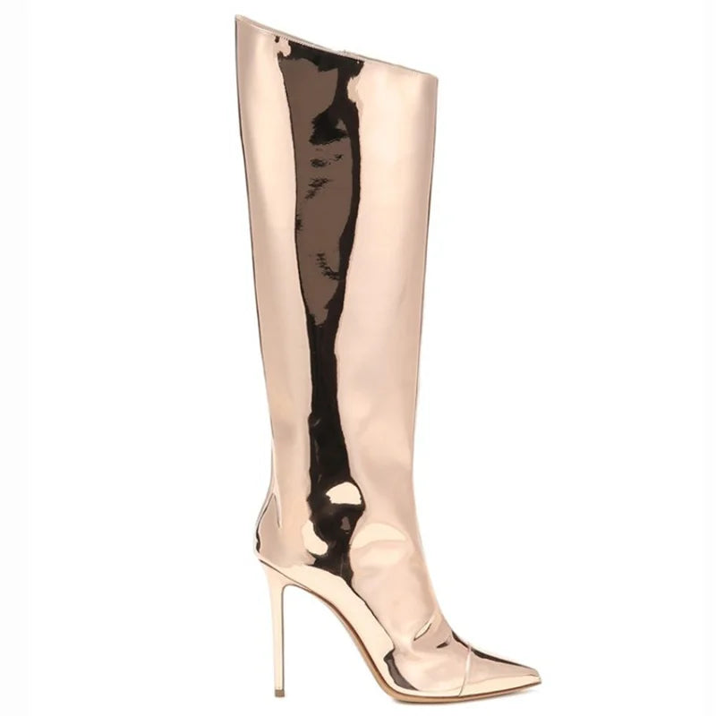 Onlymaker Women Metallic Sliver Leather Stiletto Knee High Boots Fashion Party Dress Thin Heels Winter Boots