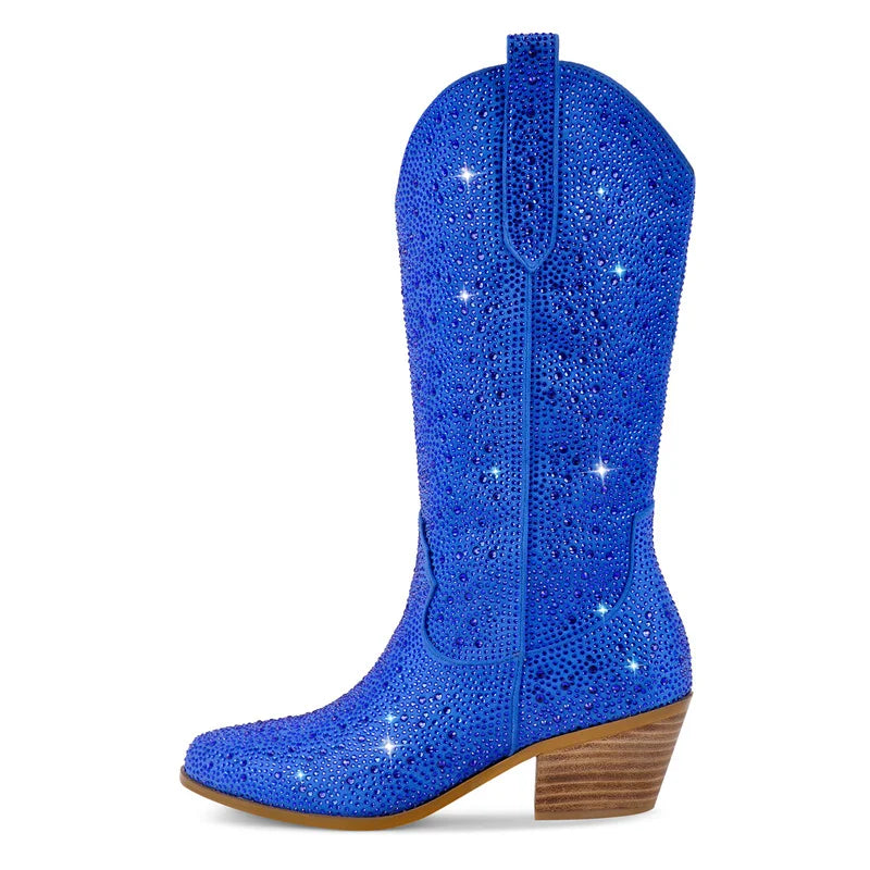 Onlymaker Women Side Zipper Knee High Boots Rhinestone Booties Glitter Bling Shiny Western Pointed Toe Block Heel  Cowgirl Boot