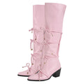 Onlymaker Women Black Matte Bow Strap Chunky Heel Knee High Boots  Big Size Comfy Women Cowboy Boots