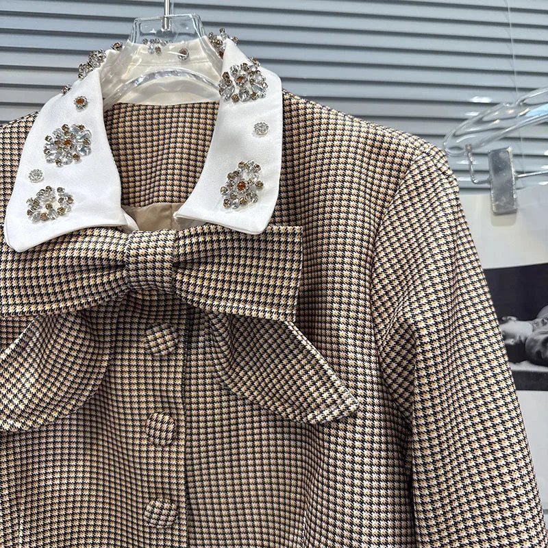 2026 Autumn New Women's Two-pieces Set Bow Tie Scarf Plaid Short Jacket Casual Versatile Belt Shorts Sets Female 11A06528