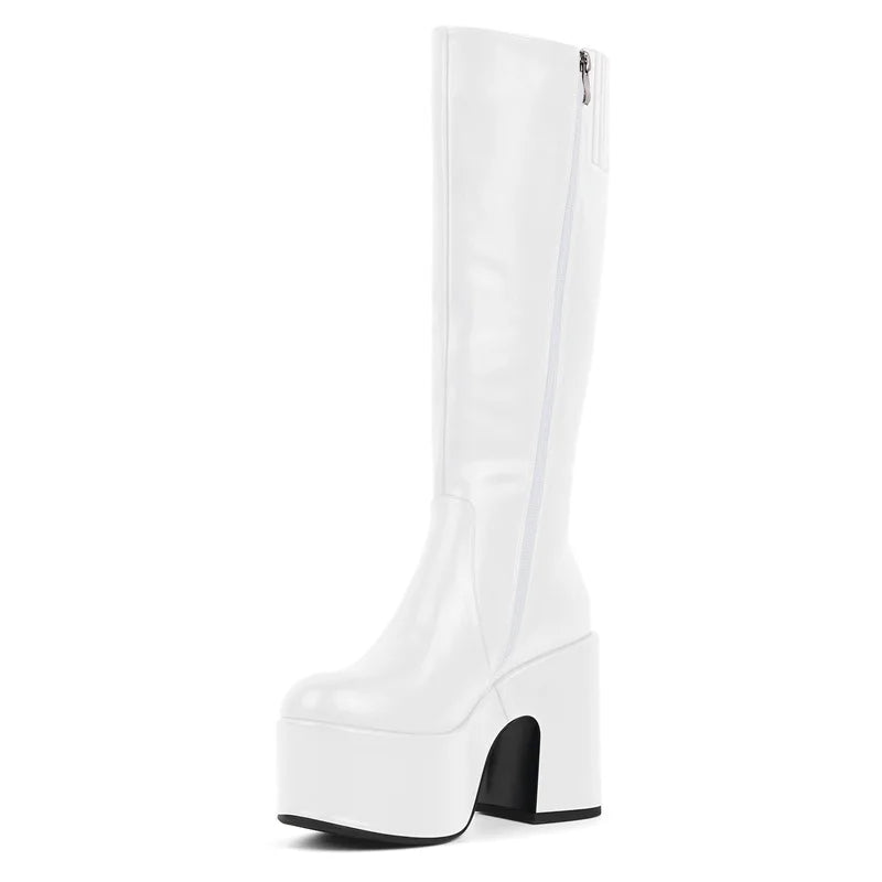Onlymaker Women Black Round Toe Platform Knee High Boots Side Zipper Fashion Chunky Heel Mid-Calf Boot Punk Boots
