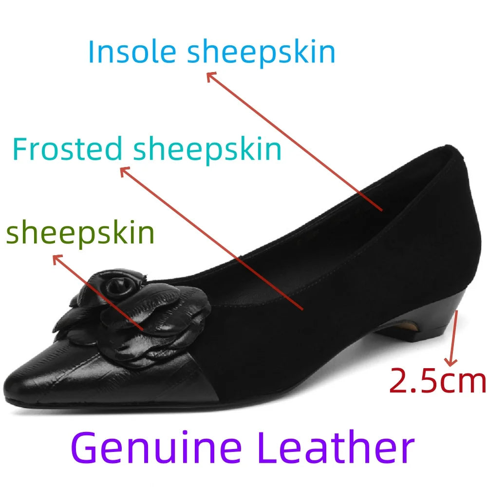 New Women Handmade Genuine Leather Soft and comfortable Low Heels Flower decoration Single Tweed Style 34-40