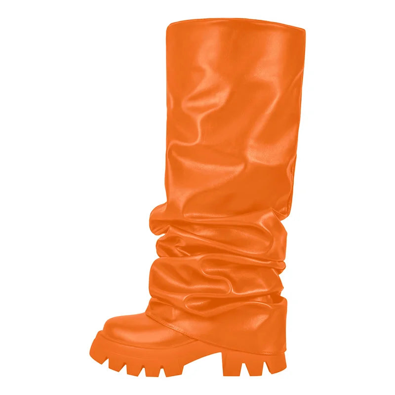 Onlymaker Women Green Round Toe Fold Over Boots Webs Fashion Handmade Female Mid-Calf Boots