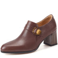 New Women Handmade Genuine Leather Round Toe Soft and comfortable Chunky Heel Loafer High Heels Ladies Shoe 34-40