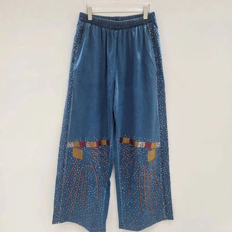 2026 Autumn New High-End Big Size Set For Women Rhinestone Denim Shirt Elastic Wasit Wide-Leg Denim Pants Trendy 11A05774