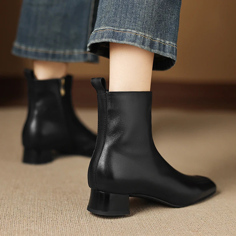Women's Handmade Genuine leather square toe zip Soft comfortable ankle boots elegant ladies med heel dress 34-40