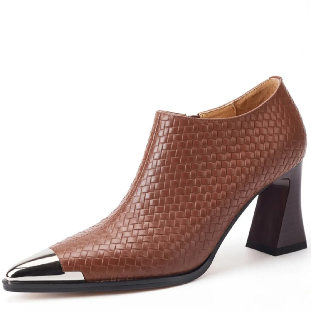 Handmade Genuine Leather Style Metal Head Anti-Collision Women's Shoe Deep Mouth Pointed Toe High Heels Seasonal