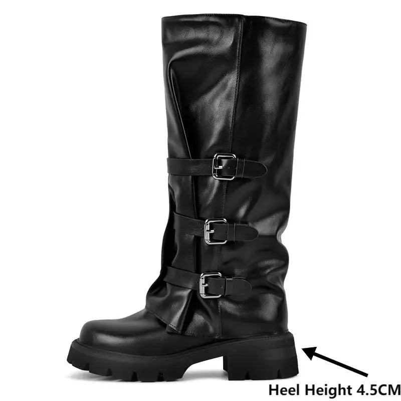 Women Round Toe Black Matte Ruched Knee High Heel Pull on Boots Buckle Strap Punk Boots
