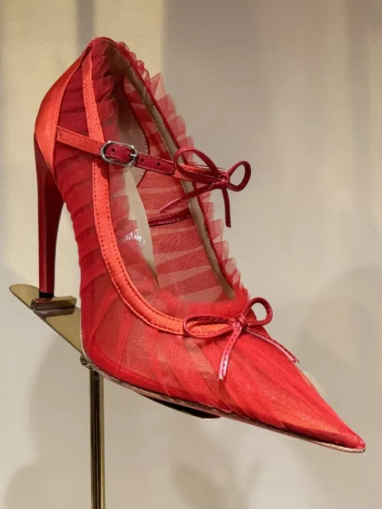 2026 Women's Summer Pointed Stiletto Lace Bow Sandals Fashion Fashion Show Party Wedding Ballet Women's High Heels