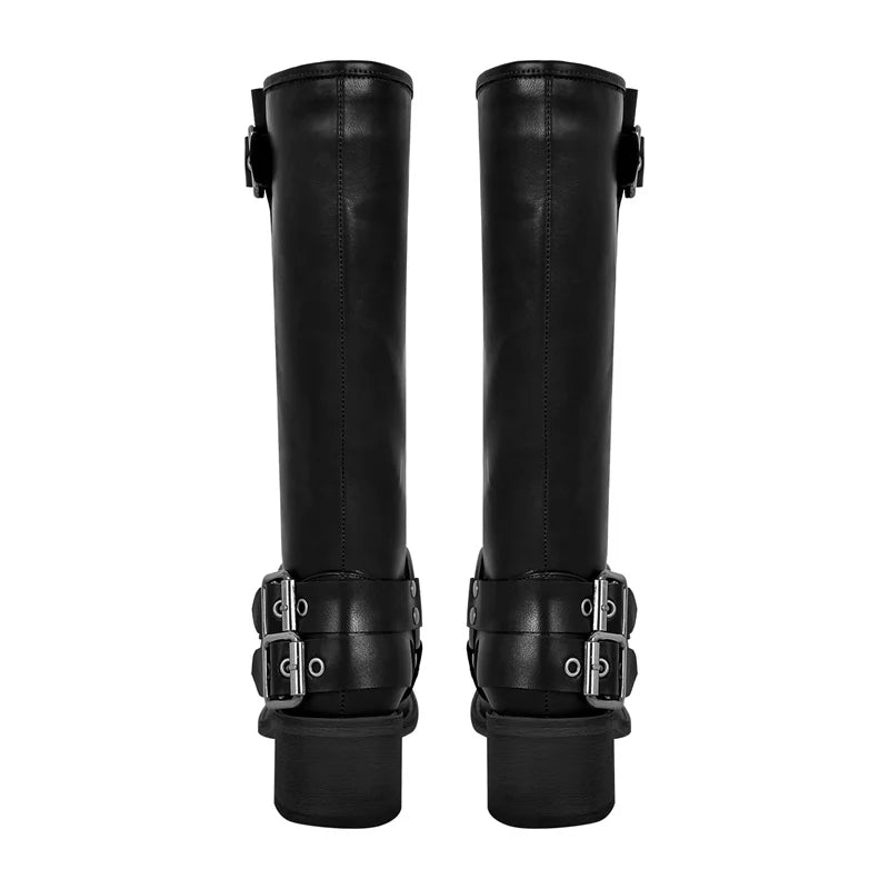 Onlymaker Women Gothic Black Round Toe Knee High Boots Heeled Metal Rivet Buckle Fashion 2023 Autumn Motorcycle Boots