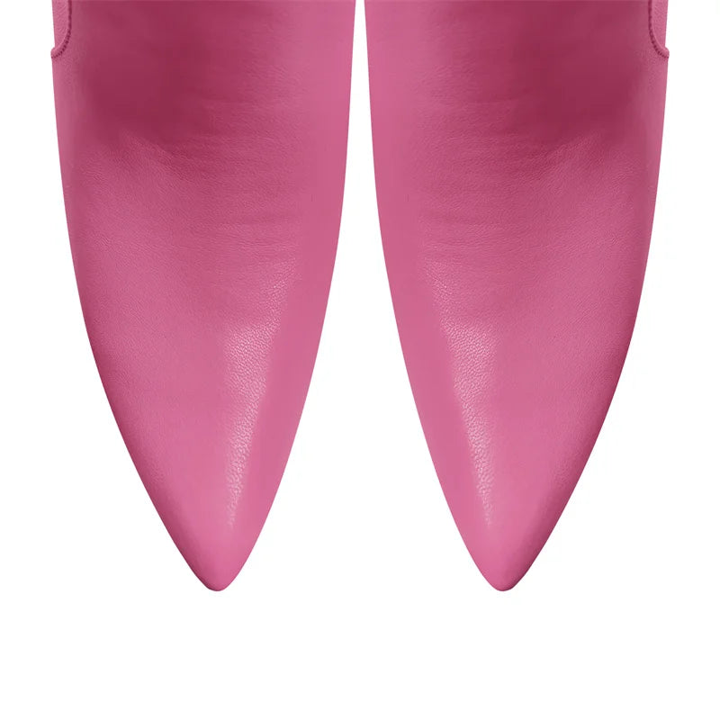 Onlymaker Women Pink Faux Leather Drawstring Knee High Boots 10.5cm Thin Heels Big Size  Boots