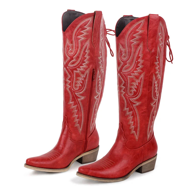Onlymaker Women Pointed Toe Side Zipper Embroidered Western Cowboy Boots Block Heel Cowgirl Booties