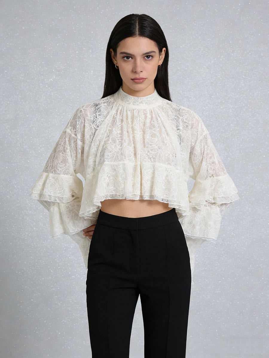 Romantic Dates Apricot Lace Cropped Blouse for Women Ruffled Flare Sleeves High Neck Sheer Fabric for Afternoon Tea